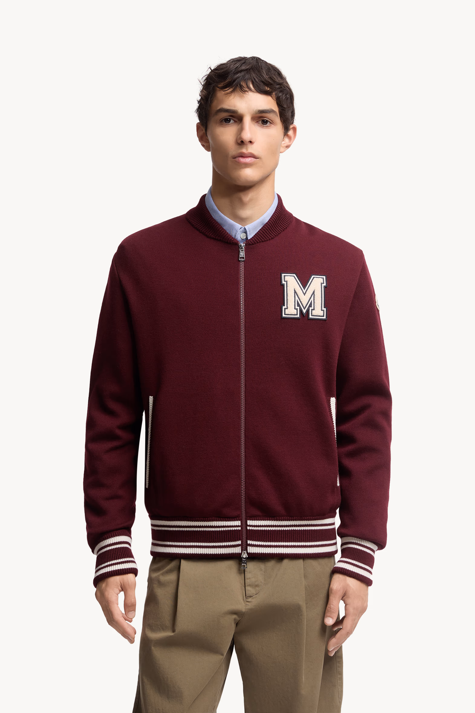 Embroidered Monogram Padded Zip-Up Wool Blend Cardigan Men Burgundy Moncler 3